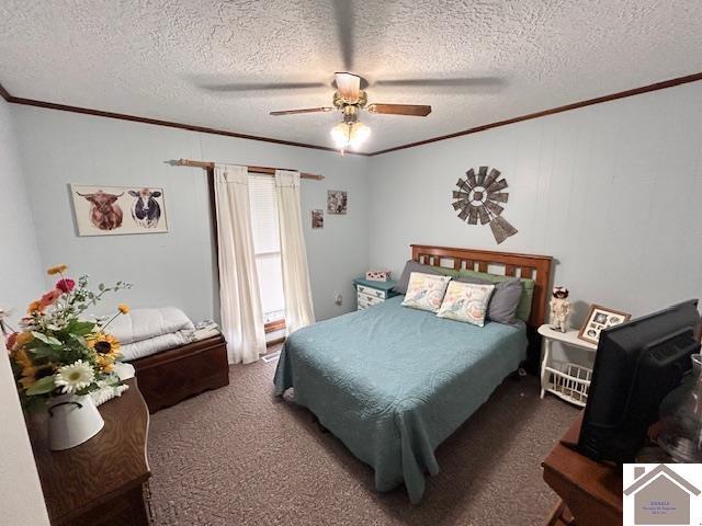 5812 State Route 123, Arlington, KY 42021 - bedroom featuring crown molding, a textured ceiling, carpet flooring, and ceiling fan