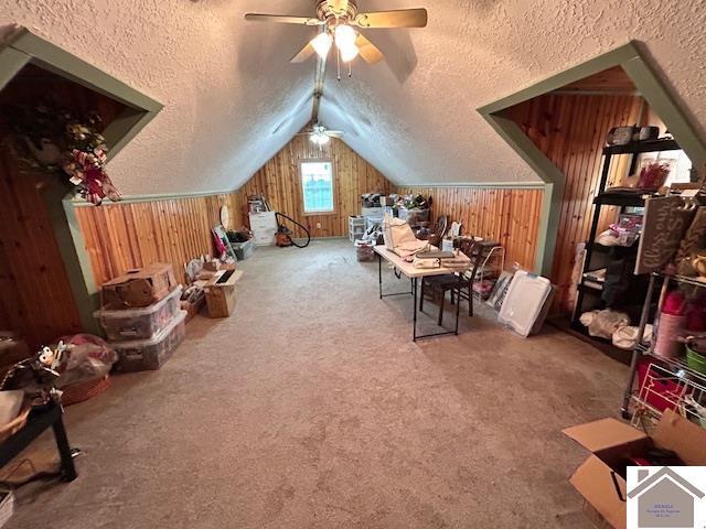 5812 State Route 123, Arlington, KY 42021 - bonus room featuring carpet, a ceiling fan, vaulted ceiling, wooden walls, and a textured ceiling