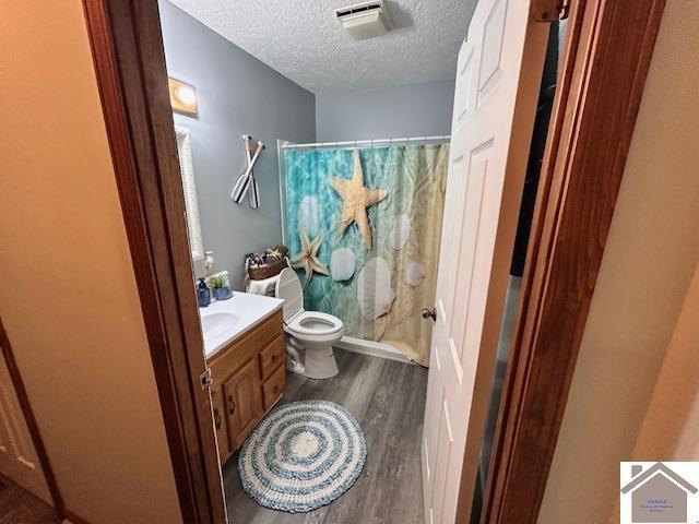 5812 State Route 123, Arlington, KY 42021 - full bathroom featuring toilet, wood finished floors, vanity, a textured ceiling, and curtained shower
