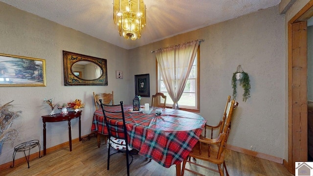 199 Park St, Gilbertsville, KY 42044 - dining space with wood finished floors, a chandelier, a textured wall, baseboards, and a textured ceiling