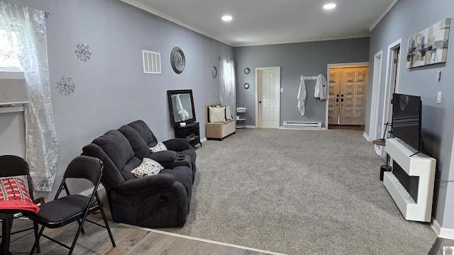 175 Jefferson, Cadiz, KY 42211 - living room with a baseboard radiator, recessed lighting, crown molding, and wood finished floors