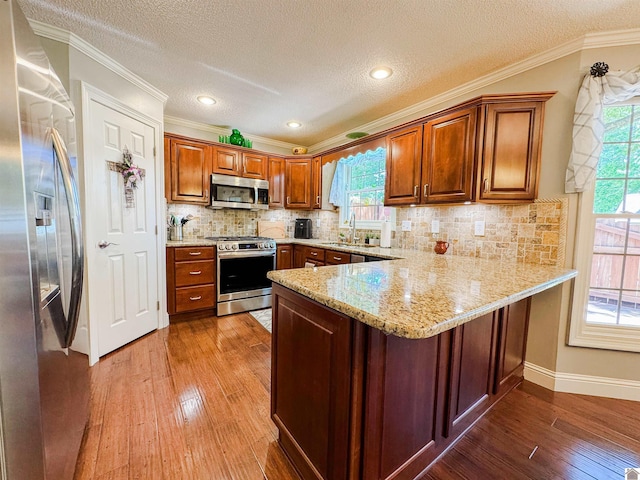 145 Stonecreek Pl, Paducah, KY 42003 - kitchen with appliances with stainless steel finishes, dark wood finished floors, a sink, a peninsula, and healthy amount of natural light