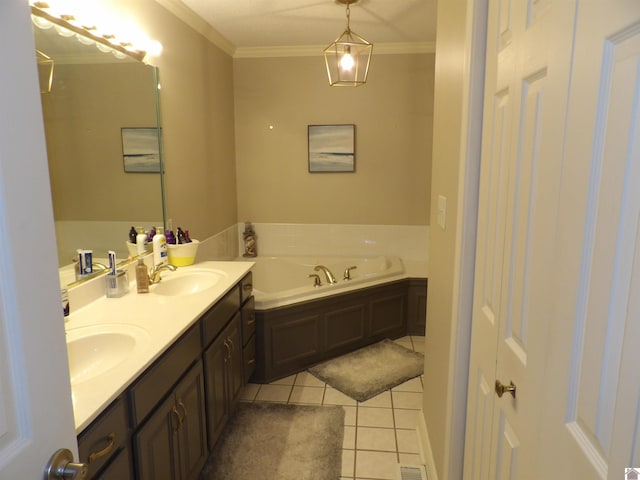 145 Stonecreek Pl, Paducah, KY 42003 - bathroom featuring crown molding, tile patterned floors, double vanity, and a garden tub