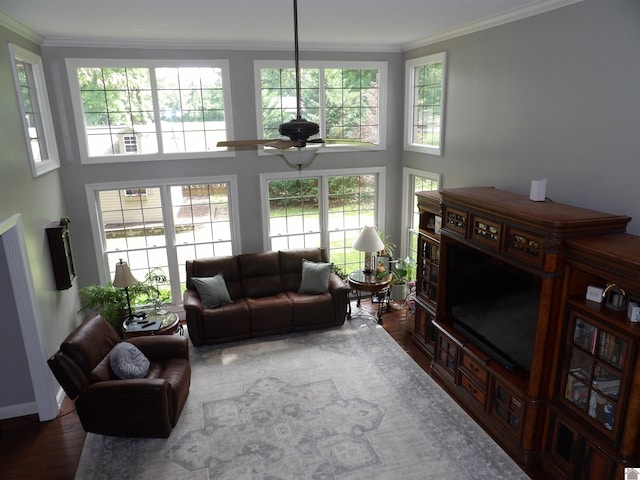 145 Stonecreek Pl, Paducah, KY 42003 - living area with wood finished floors, a ceiling fan, crown molding, a high ceiling, and baseboards