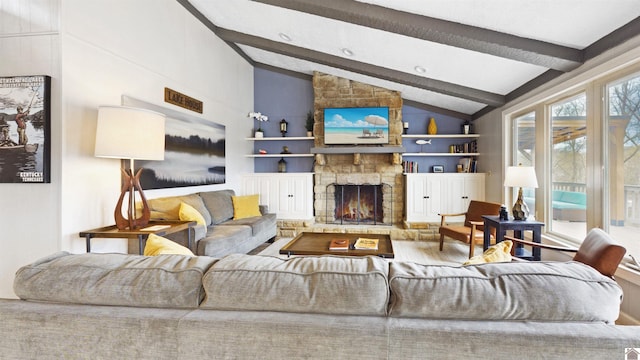 695 Bayshore, Cadiz, KY 42211 - living room with a stone fireplace and built in shelves