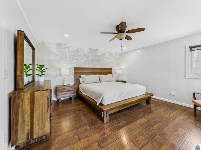 695 Bayshore, Cadiz, KY 42211 - bedroom featuring hardwood / wood-style floors, wallpapered walls, baseboards, an accent wall, and a ceiling fan