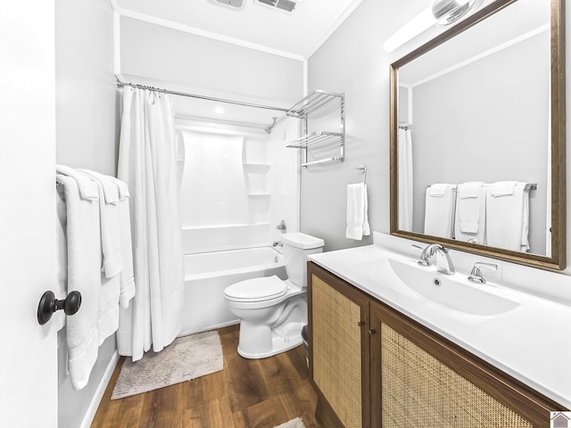 695 Bayshore, Cadiz, KY 42211 - full bath with wood finished floors, ornamental molding, shower / bathtub combination with curtain, toilet, and vanity