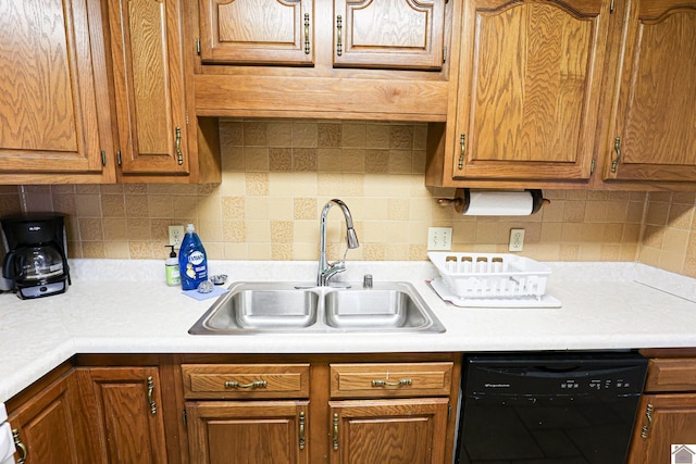 251 Hickory Hill Ln, Benton, KY 42025 - kitchen with dishwasher, a sink, light countertops, brown cabinetry, and backsplash