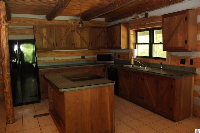 2365 Weldon Rd, Marion, KY 42064 - kitchen with black appliances, a sink, wood ceiling with exposed beams, light tile patterned flooring, and dark countertops