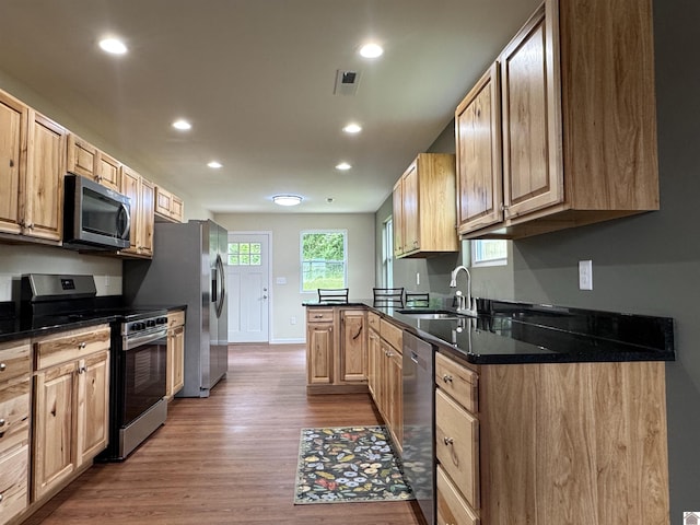 110 Dawson Rd, Princeton, KY 42445 - kitchen with appliances with stainless steel finishes, dark countertops, wood finished floors, recessed lighting, and a sink