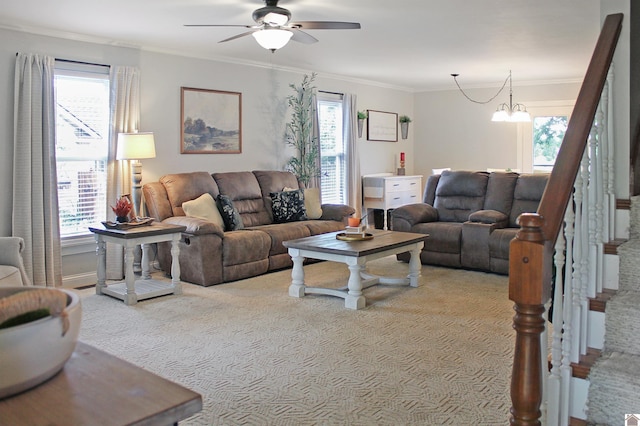 756 Utterback, Murray, KY 42071 - carpeted living room with ceiling fan, plenty of natural light, crown molding, and stairway