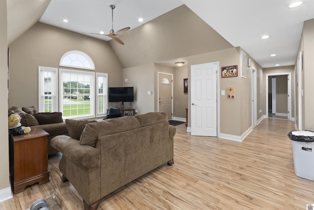 99 Jacey Blake Dr, Calvert City, KY 42029 - living room with a ceiling fan, light wood finished floors, baseboards, high vaulted ceiling, and recessed lighting