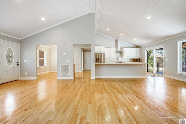 54 Grove Ln, Murray, KY 42071 - unfurnished living room featuring a sink, light wood-style floors, wooden ceiling, high vaulted ceiling, and baseboards