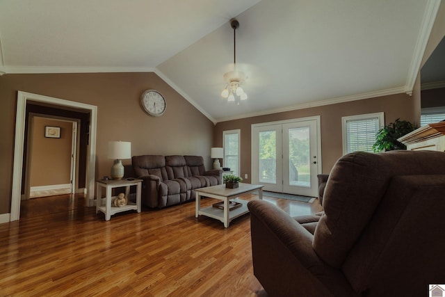 2878 State Route 303, Mayfield, KY 42066 - living room featuring ceiling fan, light wood-style flooring, vaulted ceiling, baseboards, and crown molding