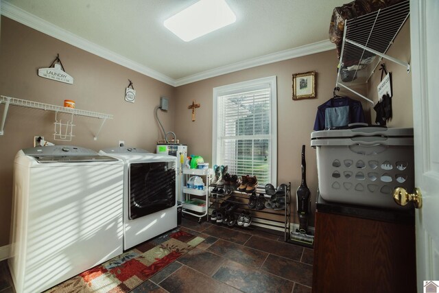 2878 State Route 303, Mayfield, KY 42066 - washroom with washing machine and clothes dryer, crown molding, electric water heater, and dark stone finish floors