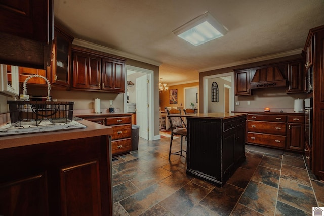 2878 State Route 303, Mayfield, KY 42066 - kitchen featuring custom range hood, stone tile floors, ornamental molding, a kitchen bar, and a kitchen island