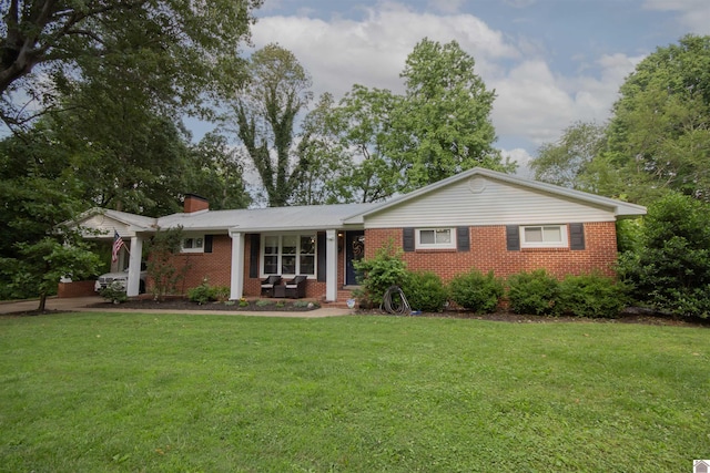 214 Lincoln, Mayfield, KY 42066 - ranch-style home featuring brick siding, a front lawn, a porch, and a chimney