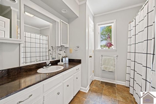 203 Golf Club Ln, Mayfield, KY 42066 - bathroom featuring crown molding, vanity, baseboards, stone finish flooring, and a shower with curtain