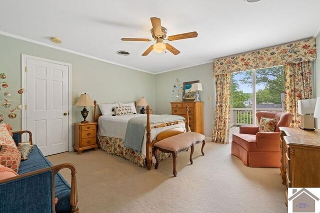 203 Golf Club Ln, Mayfield, KY 42066 - bedroom featuring light colored carpet, crown molding, and a ceiling fan