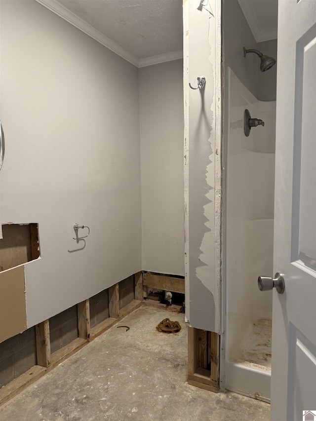 7740 Old Mayfield Rd, Paducah, KY 42003 - bathroom with a stall shower and crown molding