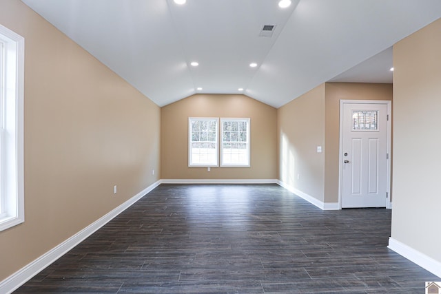 205 Clover Cres, Paducah, KY 42003 - unfurnished living room featuring dark wood-style flooring, recessed lighting, baseboards, and lofted ceiling