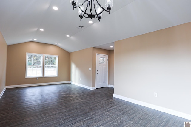 205 Clover Cres, Paducah, KY 42003 - unfurnished living room featuring dark wood finished floors, lofted ceiling, recessed lighting, baseboards, and a chandelier