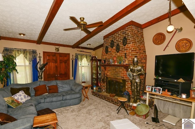 250 Jan Ann Dr, Paducah, KY 42003 - living room with a textured ceiling, ceiling fan, carpet flooring, and a fireplace