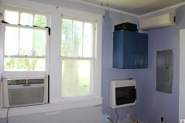 4045 Husband Rd, Paducah, KY 42003 - unfurnished living room featuring a wall mounted air conditioner, heating unit, electric panel, and ornamental molding