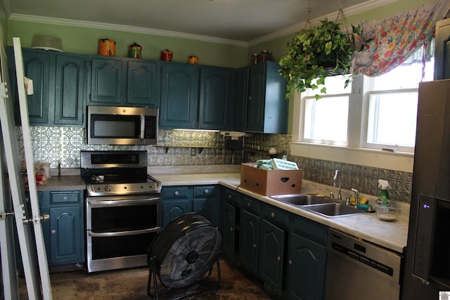 4045 Husband Rd, Paducah, KY 42003 - kitchen featuring appliances with stainless steel finishes, a sink, ornamental molding, tasteful backsplash, and light countertops