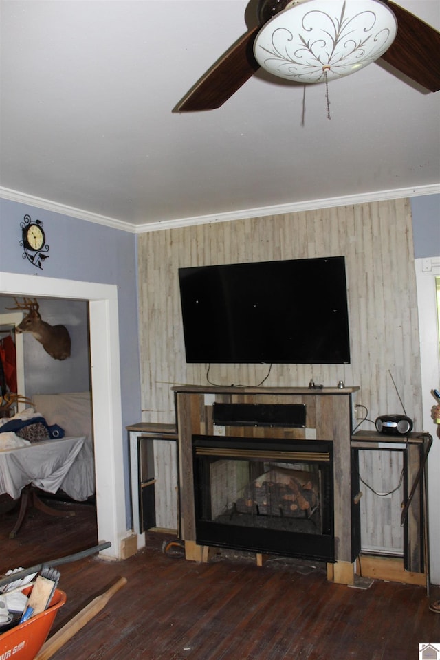 4045 Husband Rd, Paducah, KY 42003 - detailed view of wood finished floors, ornamental molding, a ceiling fan, and a fireplace