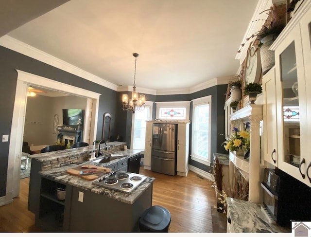 1722 Jefferson St, Paducah, KY 42001 - kitchen featuring stainless steel appliances, a sink, hardwood / wood-style flooring, a chandelier, and glass insert cabinets