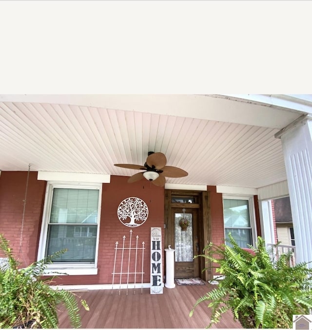 1722 Jefferson St, Paducah, KY 42001 - entrance to property with a ceiling fan, covered porch, and brick siding