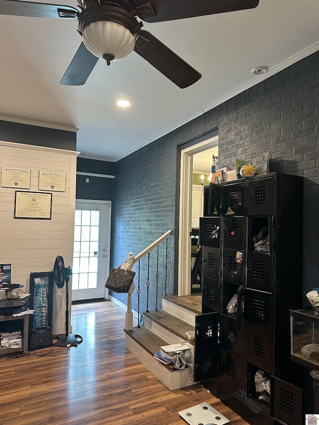 260 Riverside Dr, Paducah, KY 42003 - home office with ornamental molding, wood finished floors, ceiling fan, and brick wall