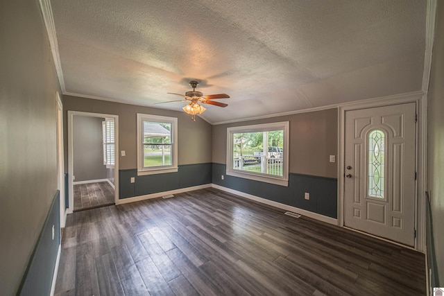 9740 Crotzer Rd, West Paducah, KY 42086 - entryway featuring a textured ceiling, ceiling fan, dark wood finished floors, baseboards, and crown molding