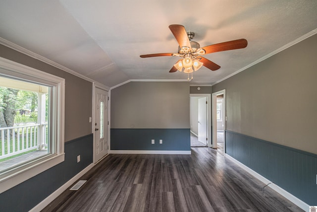 9740 Crotzer Rd, West Paducah, KY 42086 - unfurnished room with dark wood-style floors, plenty of natural light, a ceiling fan, lofted ceiling, and ornamental molding