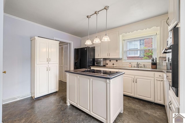 1310 Hilltop Dr, Mayfield, KY 42066 - kitchen with black appliances, dark countertops, a kitchen island, backsplash, and a sink