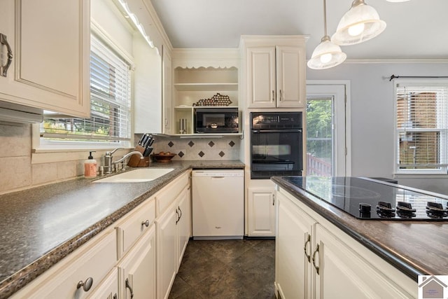 1310 Hilltop Dr, Mayfield, KY 42066 - kitchen featuring black appliances, a sink, dark countertops, tasteful backsplash, and ornamental molding