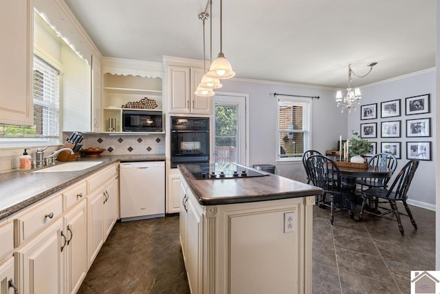 1310 Hilltop Dr, Mayfield, KY 42066 - kitchen with black appliances, a sink, healthy amount of natural light, a chandelier, and ornamental molding