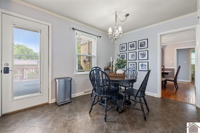 1310 Hilltop Dr, Mayfield, KY 42066 - dining space with a chandelier, plenty of natural light, ornamental molding, baseboards, and dark tile patterned floors