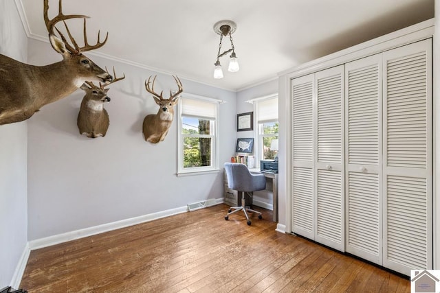 1310 Hilltop Dr, Mayfield, KY 42066 - home office featuring crown molding, hardwood / wood-style flooring, and baseboards