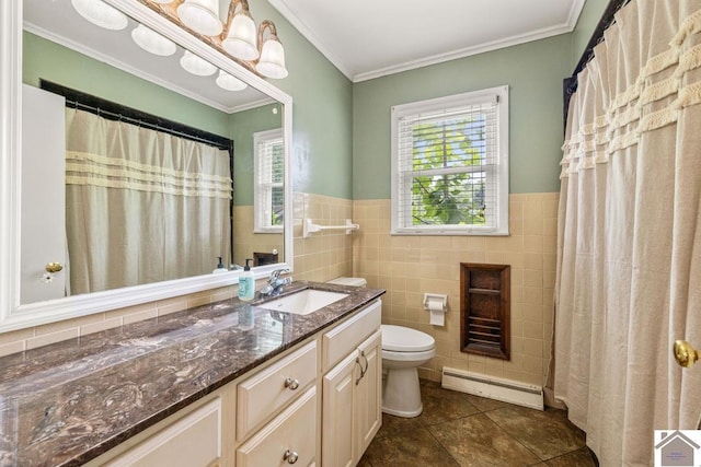 1310 Hilltop Dr, Mayfield, KY 42066 - full bathroom featuring a baseboard heating unit, tile walls, tile patterned flooring, toilet, and vanity