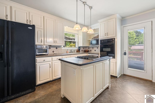 1310 Hilltop Dr, Mayfield, KY 42066 - kitchen featuring black appliances, plenty of natural light, backsplash, dark countertops, and crown molding