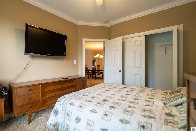 2492 Lakewood Dr, Paducah, KY 42003 - bedroom with carpet flooring, ornamental molding, a chandelier, a closet, and ceiling fan