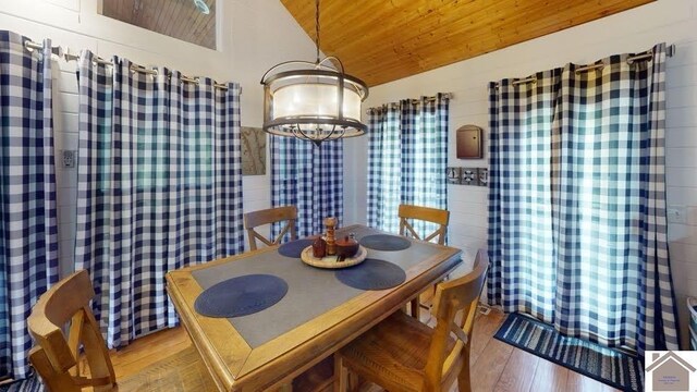 144 Canton Heights 2 Cir, Cadiz, KY 42211 - dining area featuring lofted ceiling, wood finished floors, wooden ceiling, and a chandelier