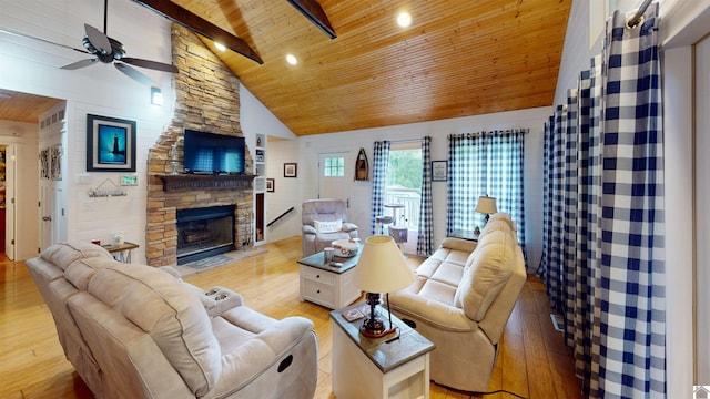 144 Canton Heights 2 Cir, Cadiz, KY 42211 - living area featuring wooden ceiling with exposed beams, a stone fireplace, light wood finished floors, ceiling fan, and high vaulted ceiling