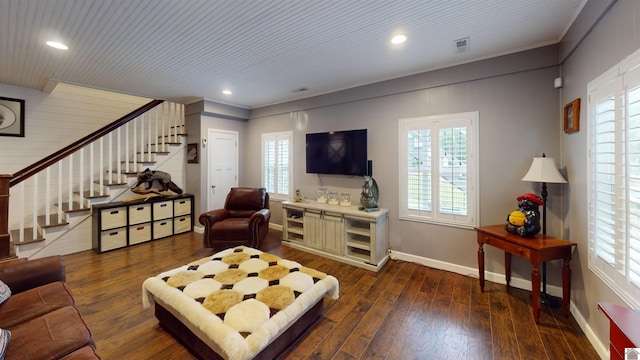 144 Canton Heights 2 Cir, Cadiz, KY 42211 - living room with stairs, baseboards, dark wood-type flooring, healthy amount of natural light, and recessed lighting