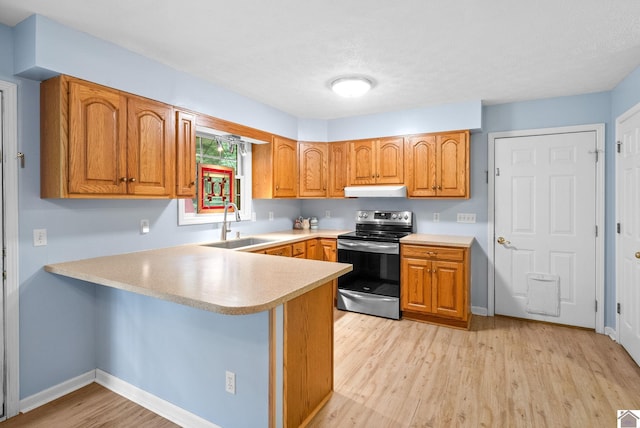 332 Meadowbrook, Cadiz, KY 42211 - kitchen with electric range, a sink, a peninsula, under cabinet range hood, and light countertops