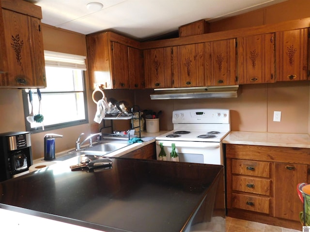 920 State Route 506, Marion, KY 42064 - kitchen featuring white range with electric stovetop, exhaust hood, brown cabinetry, and light countertops