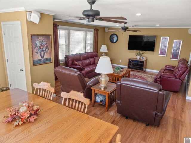 2488 Cypress Trl, New Concord, KY 42076 - living area featuring crown molding, ceiling fan, light wood-style floors, and recessed lighting