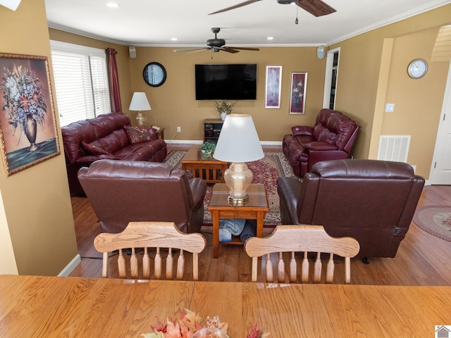 2488 Cypress Trl, New Concord, KY 42076 - living room featuring wood finished floors, ceiling fan, crown molding, and recessed lighting